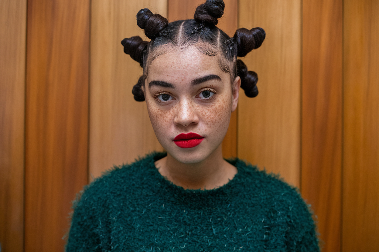 A young beautiful African American female wearing a Bantu Knots hairstyle