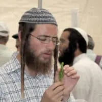 Orthodox Jewish men with naturally straight hair wearing sidelocks (or peyot curls) according to Jewish law.