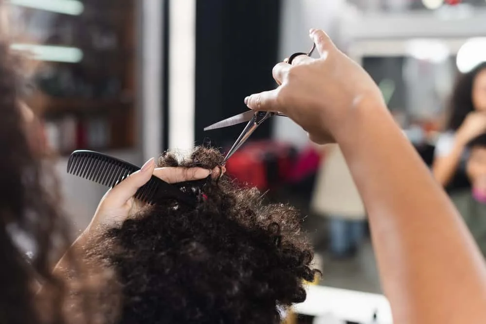 African American female using fashion-forward color techniques to dye her client's hair darker using Regis services.