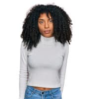 A young African American female with dry hair due to her hair's elasticity issues from using chemical treatments.